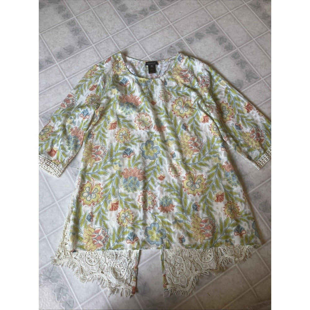 Turquoise Orange green Ivory Boho Floral blouse Split lace back Loose Lagenlook‎